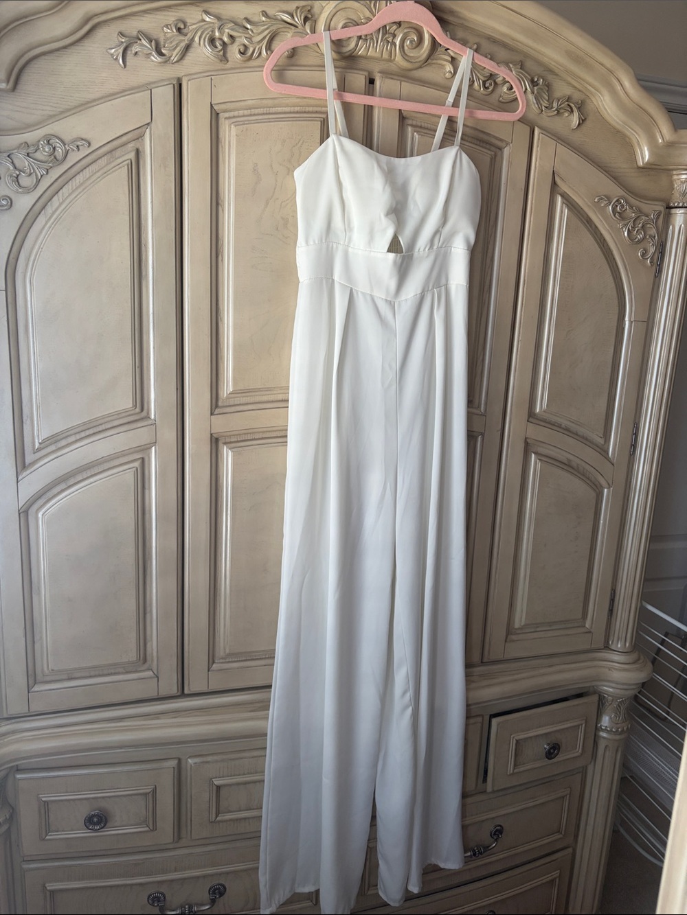 Women's White Jumpsuit with Belt - Elegant Strap Design